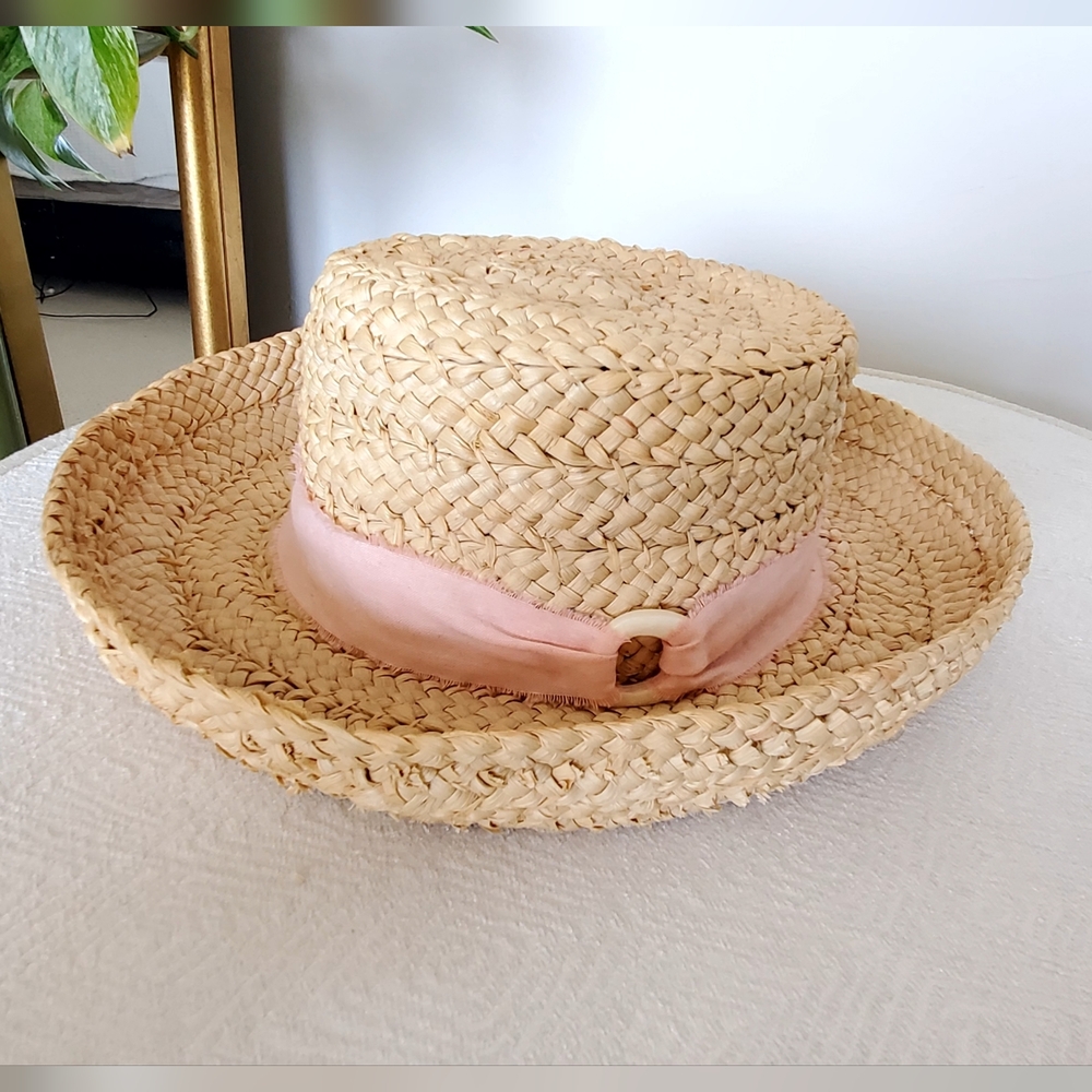 Hat Attack Vintage Woven Rafia Boater Sun Brimmed Hat, Pink Ribbon, OS